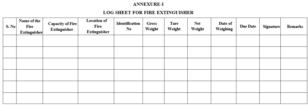 LOG SHEET FOR FIRE EXTINGUISHER