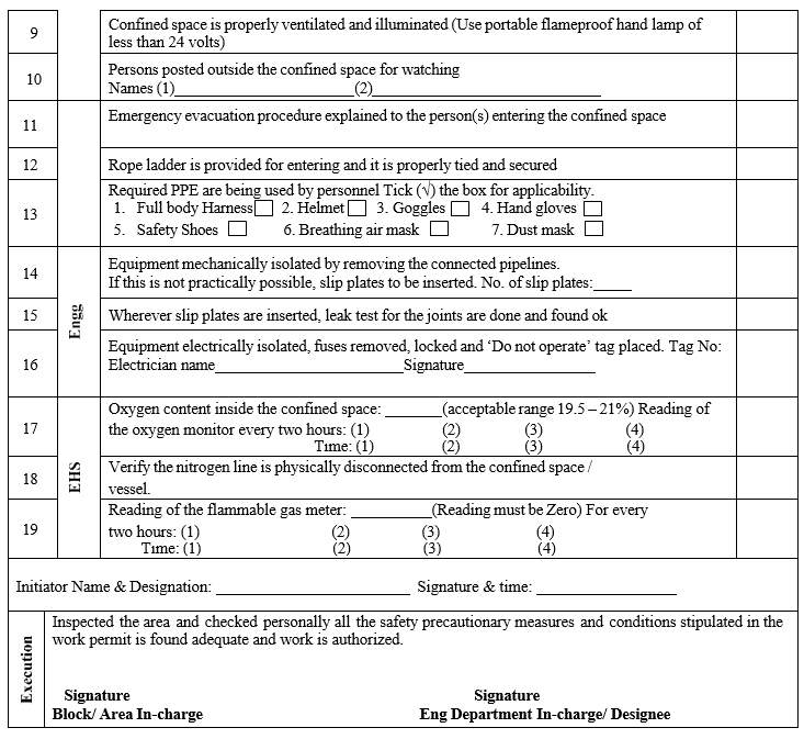 PERMIT TO CONFINED SPACE ENTRY