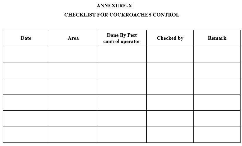 CHECKLIST FOR COCKROACHES CONTROL