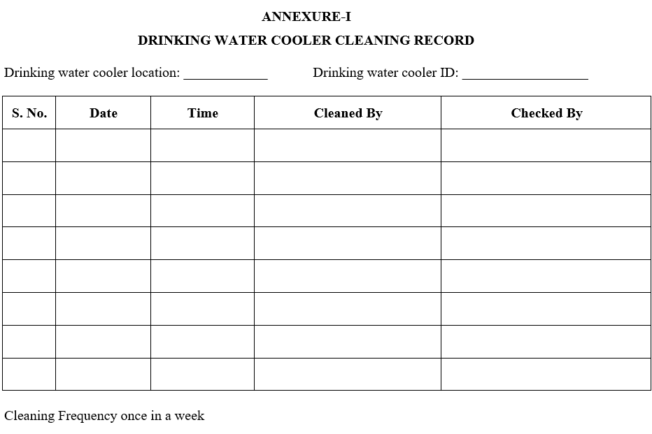 DRINKING WATER COOLER CLEANING RECORD