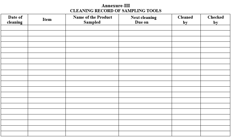 CLEANING RECORD OF SAMPLING TOOLS