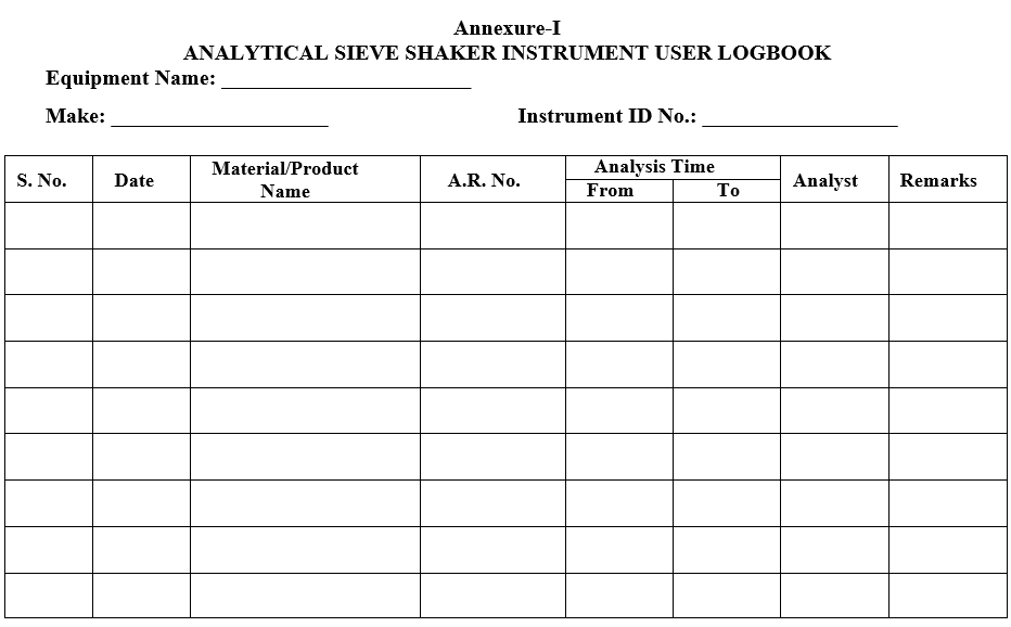 ANALYTICAL SIEVE SHAKER INSTRUMENT USER LOGBOOK