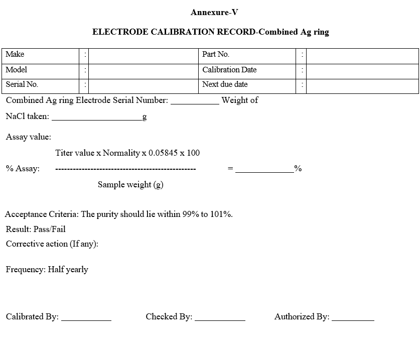 ELECTRODE CALIBRATION RECORD-Combined Ag ring