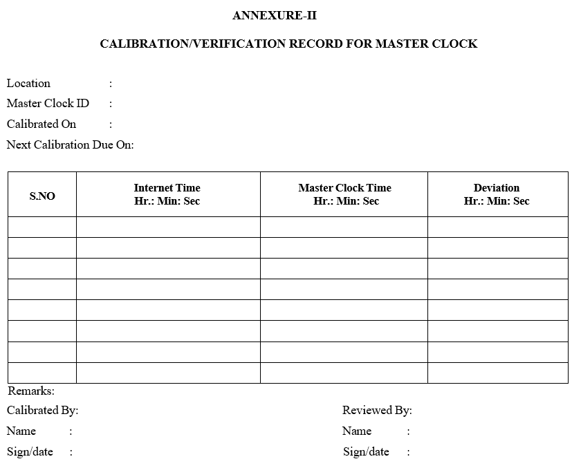 CALIBRATION/VERIFICATION RECORD FOR MASTER CLOCK