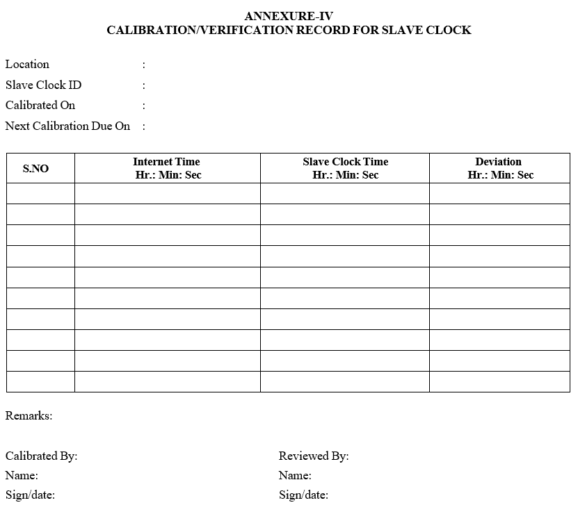 CALIBRATION/VERIFICATION RECORD FOR SLAVE CLOCK