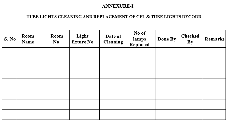 TUBELIGHTSCLEANINGANDREPLACEMENTOFCFL&TUBELIGHTSRECORD