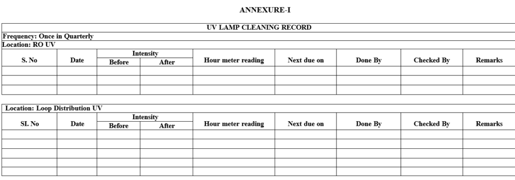 UV LAMP CLEANING RECORD