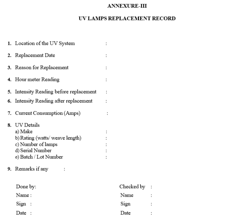 Uv Inspection Form CLEANING AND REPLACEMENT OF UV LAMPS – PharmaGuideHub