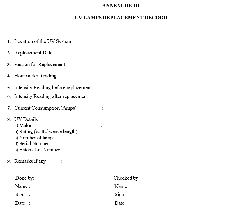 UV LAMPS REPLACEMENT RECORD