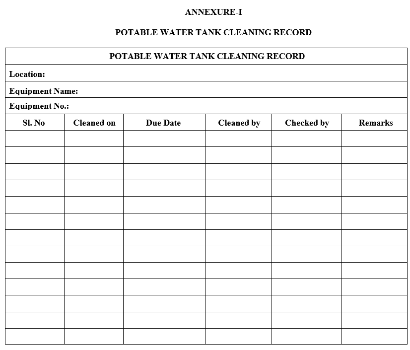 POTABLE WATER TANK CLEANING RECORD