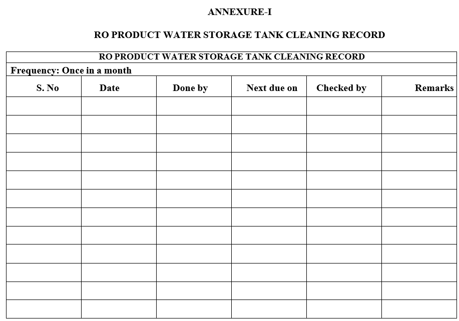 RO PRODUCT WATER STORAGE TANK CLEANING RECORD