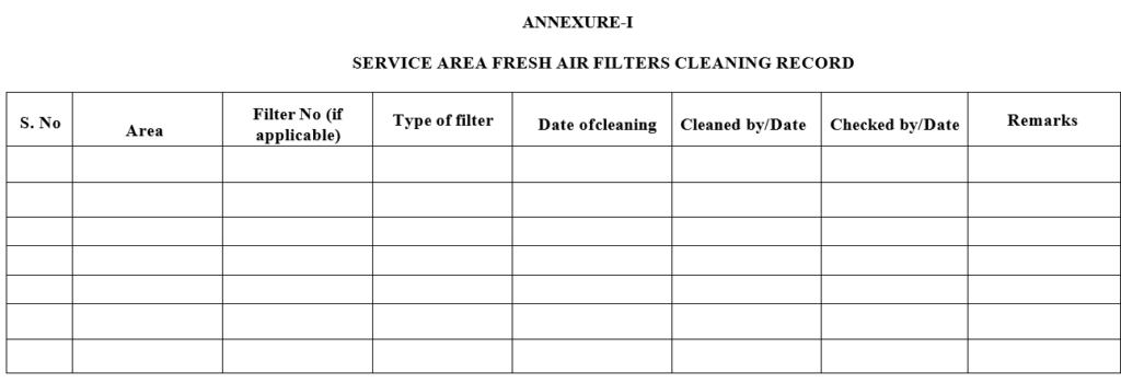 SERVICE AREA FRESH AIR FILTERS CLEANING RECORD