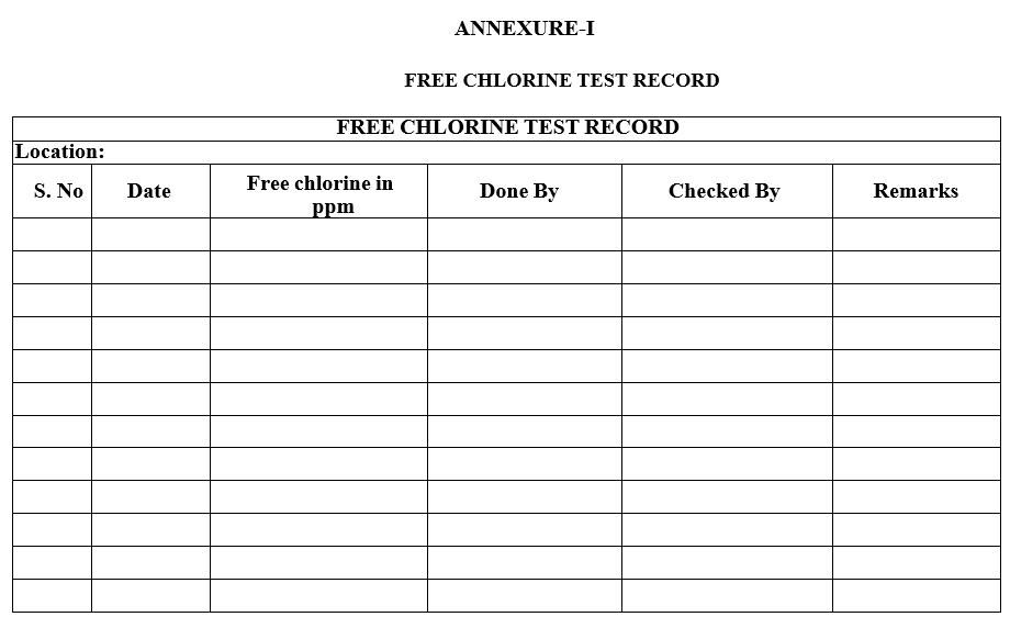 FREE CHLORINE TEST RECORD