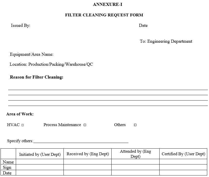 FILTER CLEANING REQUEST FORM