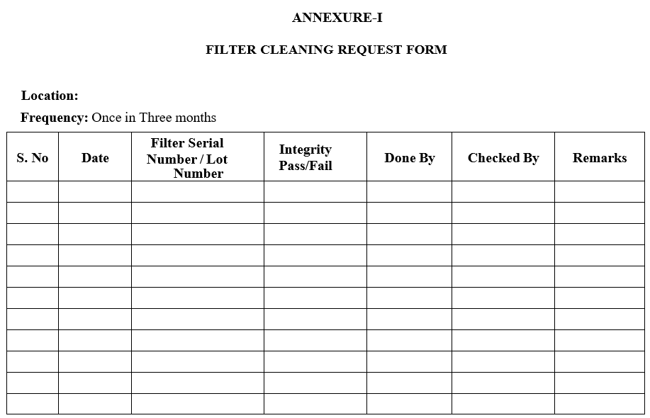 FILTER CLEANING REQUEST FORM