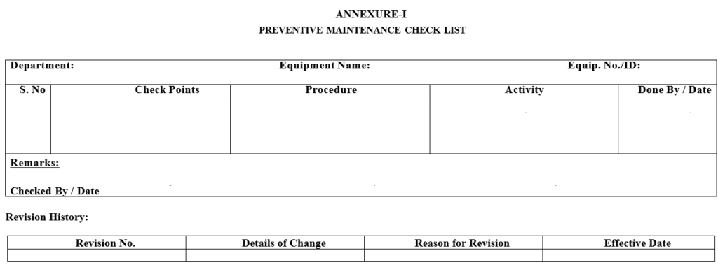 PREVENTIVE MAINTENANCE CHECK LIST