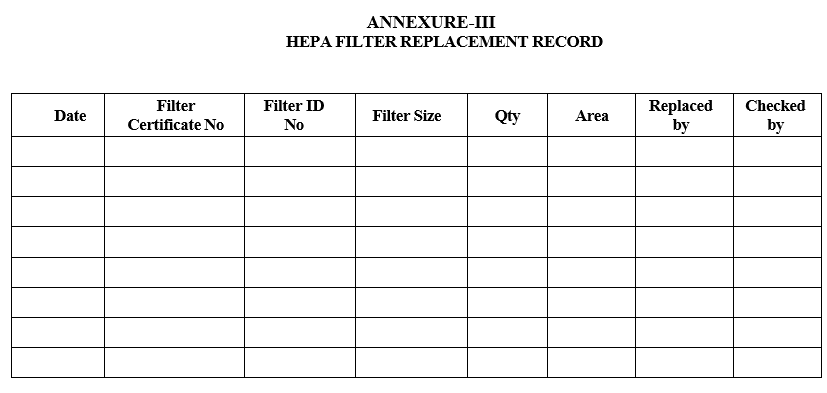 HEPA FILTER REPLACEMENT RECORD