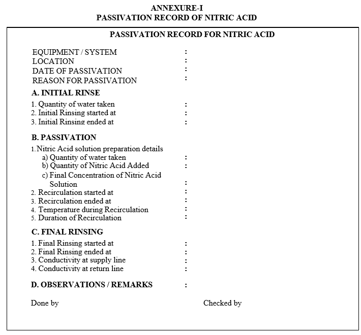 PASSIVATION RECORD OF NITRIC ACID