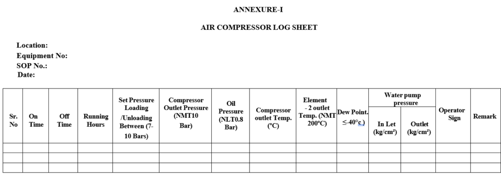 AIR COMPRESSOR LOG SHEET

