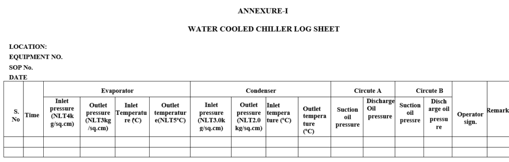 WATER COOLED CHILLER LOG SHEET