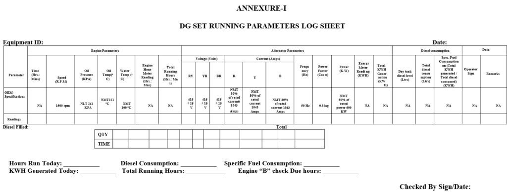 DG SET RUNNING PARAMETERS LOG SHEET