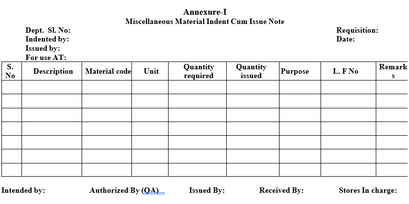 Miscellaneous Material Indent Cum Issue Note