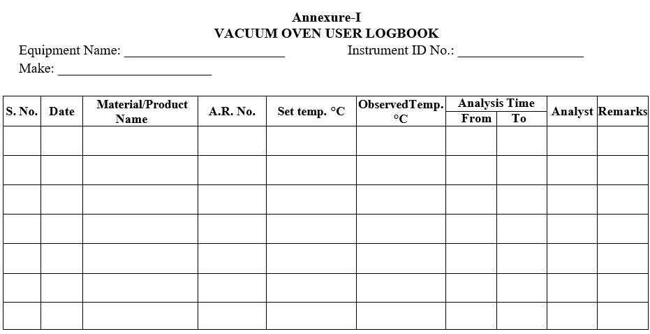 VACUUM OVEN USER LOGBOOK