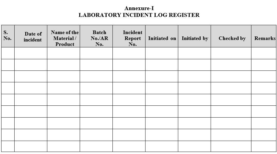 LABORATORY INCIDENT LOG REGISTER