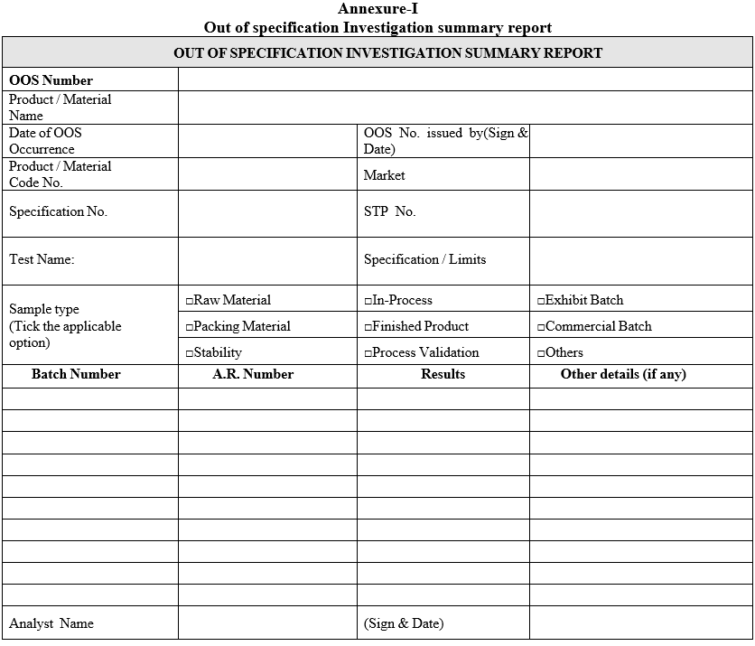 Out of specification Investigation summary report