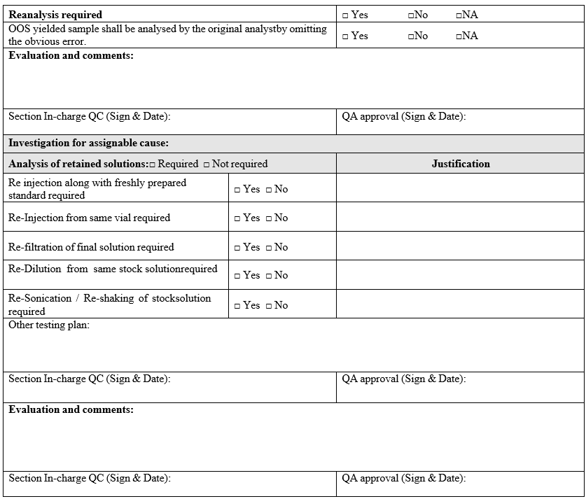 Out of specification Investigation summary report