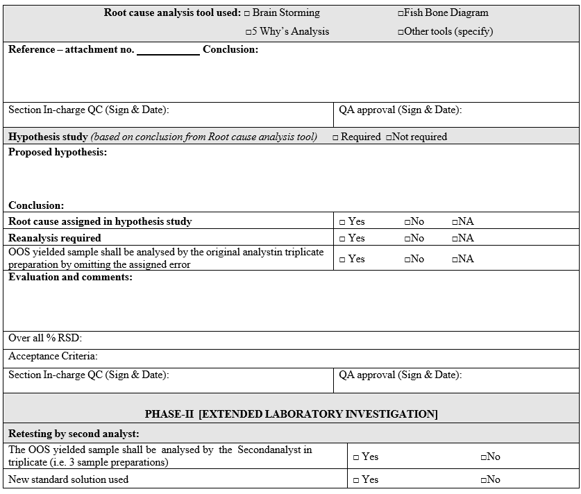 Out of specification Investigation summary report