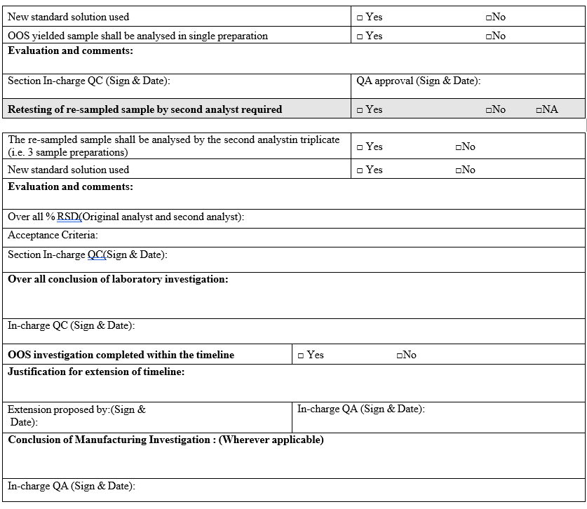 Out of specification Investigation summary report