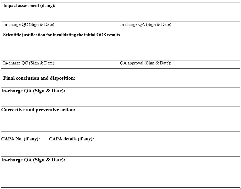 Out of specification Investigation summary report