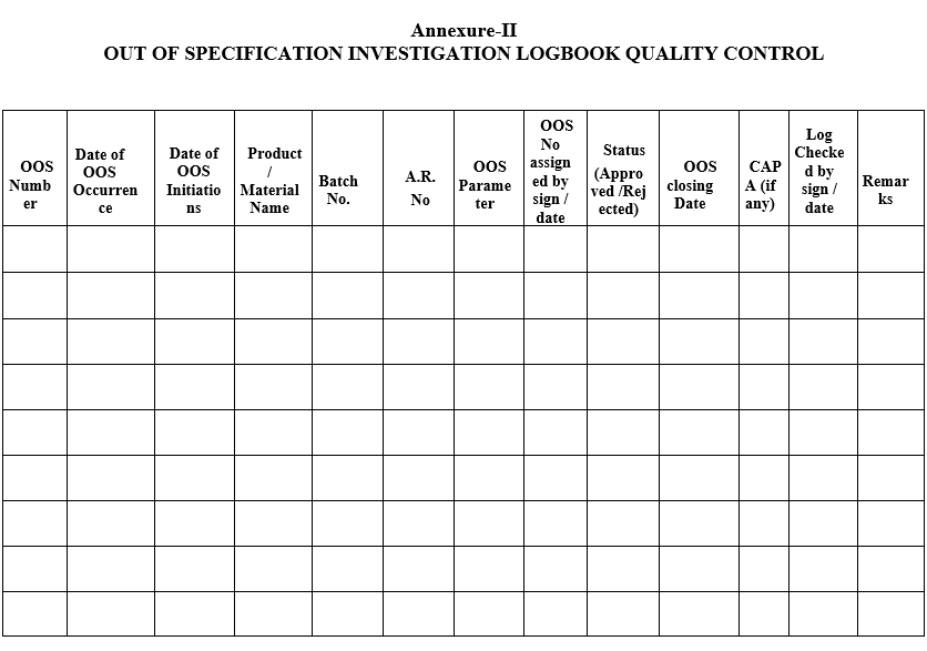 OUT OF SPECIFICATION INVESTIGATION LOGBOOK QUALITY CONTROL