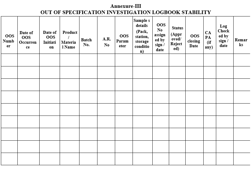 OUT OF SPECIFICATION INVESTIGATION LOGBOOK STABILITY