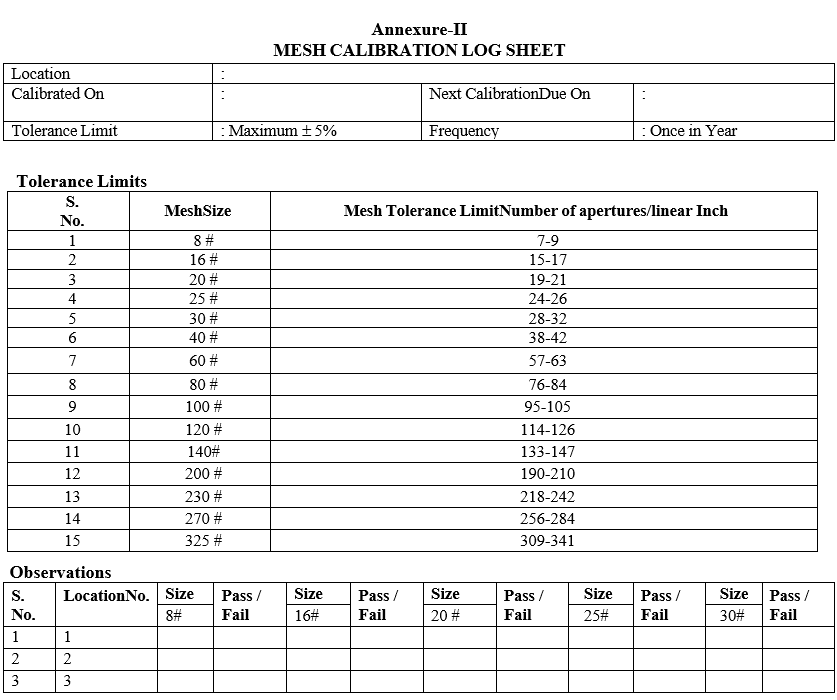 MESH CALIBRATION LOG SHEET