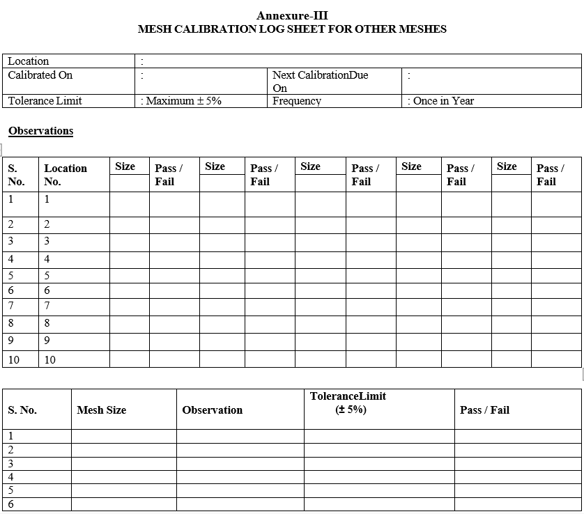 MESH CALIBRATION LOG SHEET FOR OTHER MESHES