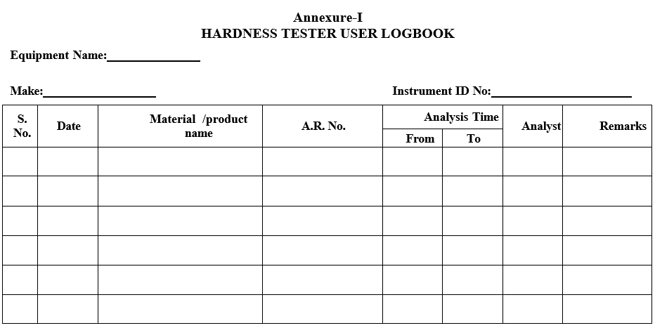 HARDNESS TESTER USER LOGBOOK