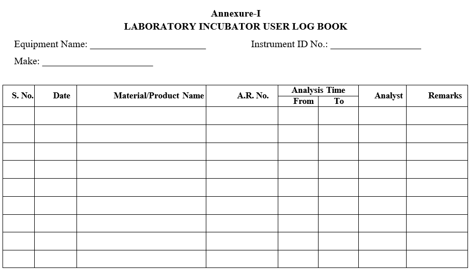 LABORATORY INCUBATOR USER LOG BOOK