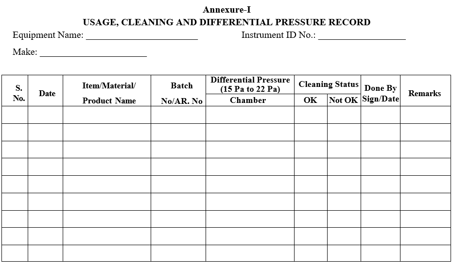 USAGE, CLEANING AND DIFFERENTIAL PRESSURE RECORD