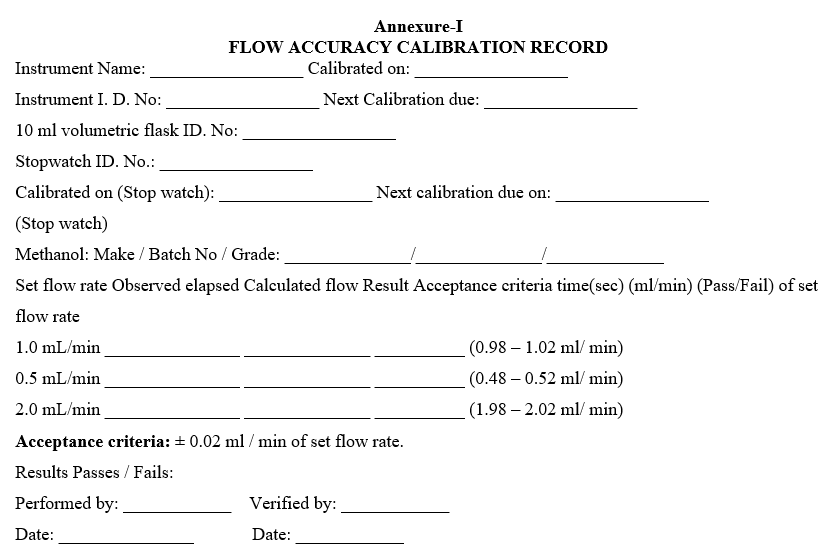 FLOW ACCURACY CALIBRATION RECORD 