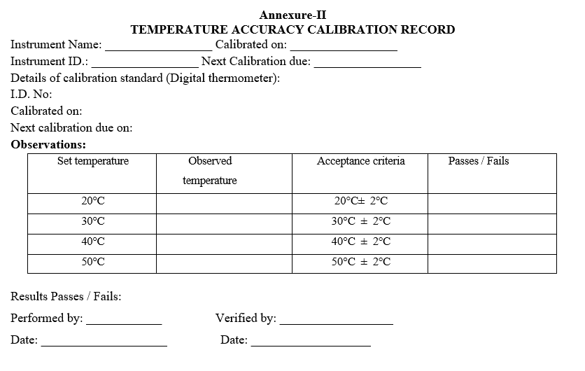 TEMPERATURE ACCURACY CALIBRATION RECORD 