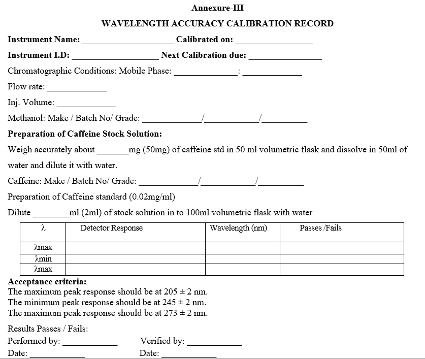 WAVELENGTH ACCURACY CALIBRATION RECORD 