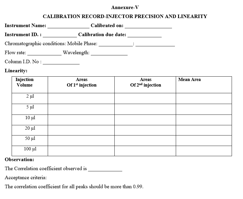 CALIBRATION RECORD-INJECTOR PRECISION AND LINEARITY