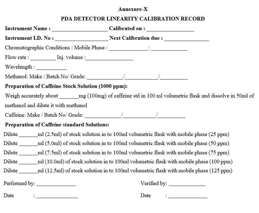 PDA DETECTOR LINEARITY CALIBRATION RECORD 