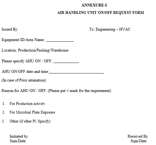 AIR HANDLING UNIT ON/OFF REQUEST FORM