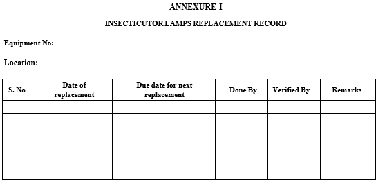 INSECTICUTOR LAMPS REPLACEMENT RECORD