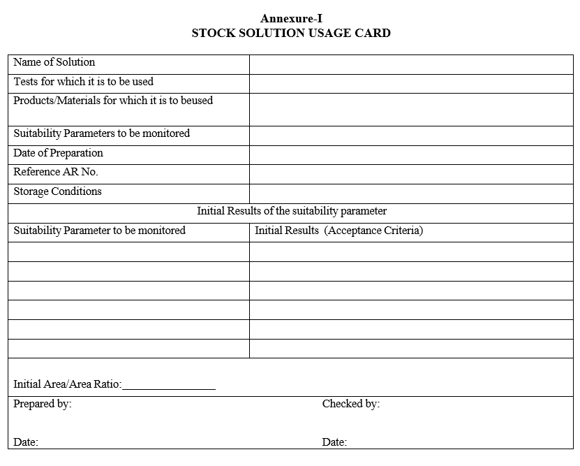 STOCK SOLUTION USAGE CARD