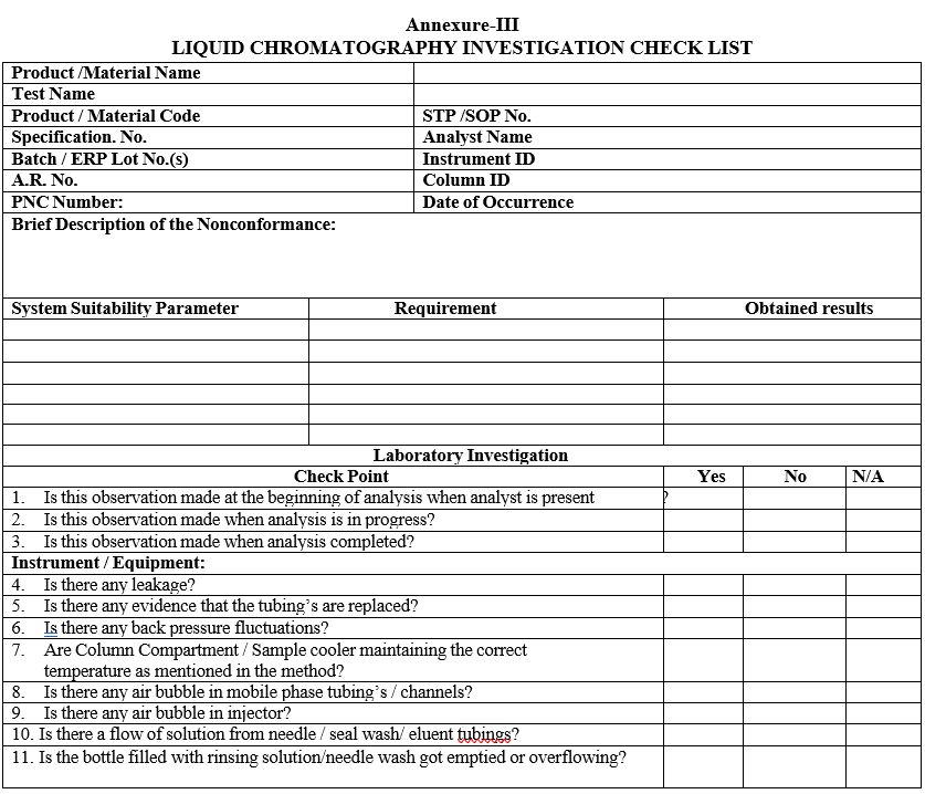 LIQUID CHROMATOGRAPHY INVESTIGATION CHECK LIST