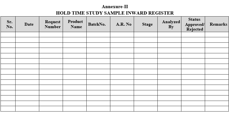 HOLD TIME STUDY SAMPLE INWARD REGISTER